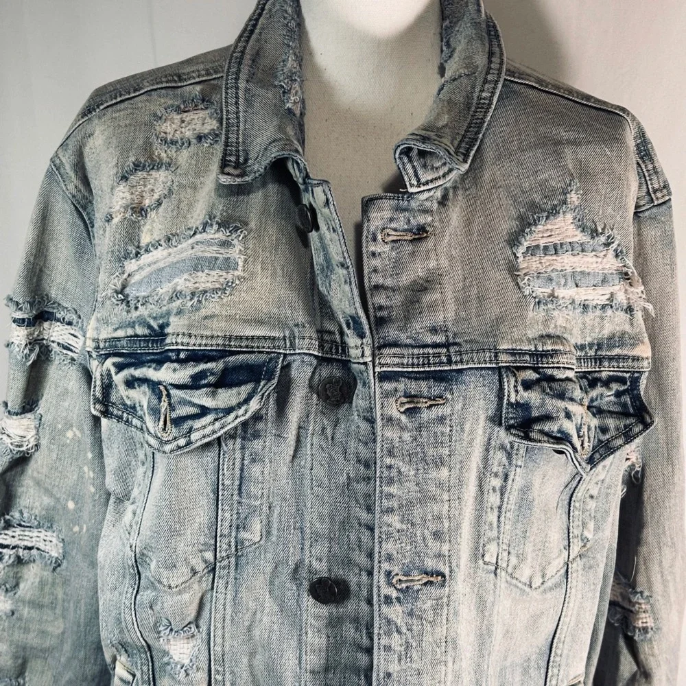 Grindhouse Denim Mens‎ Large Light Wash Distressed Ripped Jean Trucker Jacket